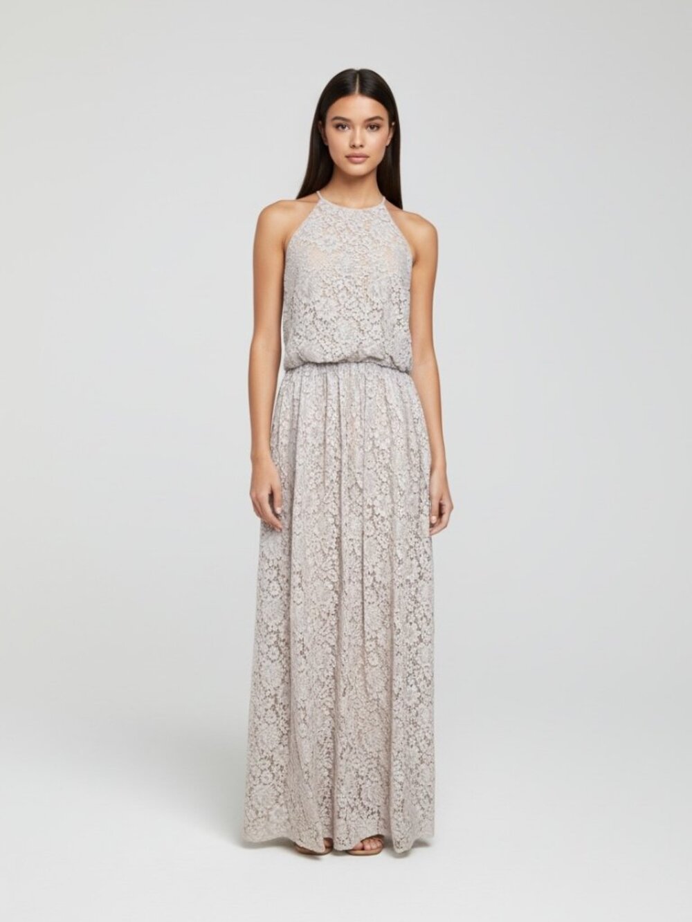 Donna Morgan Lace Halter Maxi Dress 8 Lilac Gray Blouson Wedding Guest Romantic